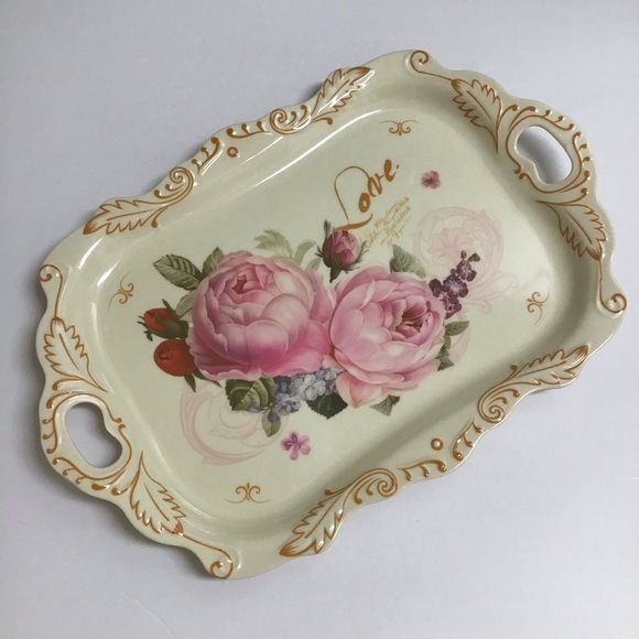 Unbranded Other - LAST 1! Floral Serving Tray Melamine Handles Cream Pink Peonies Tea Vanity NEW